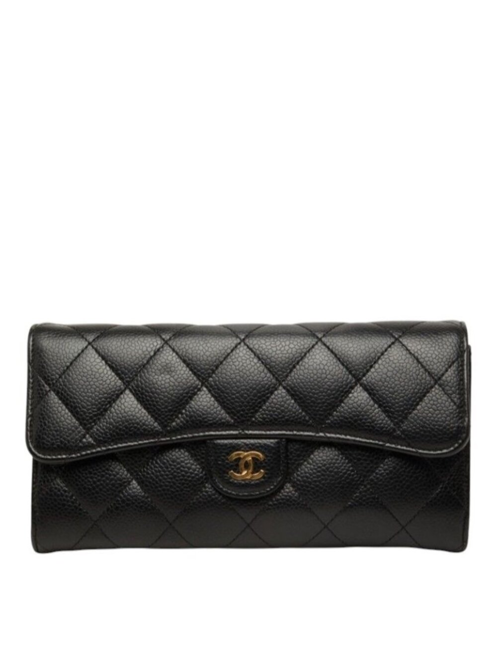 Chanel CC Logo Quilted Classic Long Flap Wallet Bifold Black Gold Caviar Leather